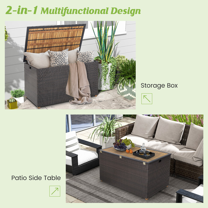 134 Gallon Rattan Storage Box with Zippered Liner & Solid Acacia Wood Top – 2-in-1 Outdoor Deck Box & Side Table