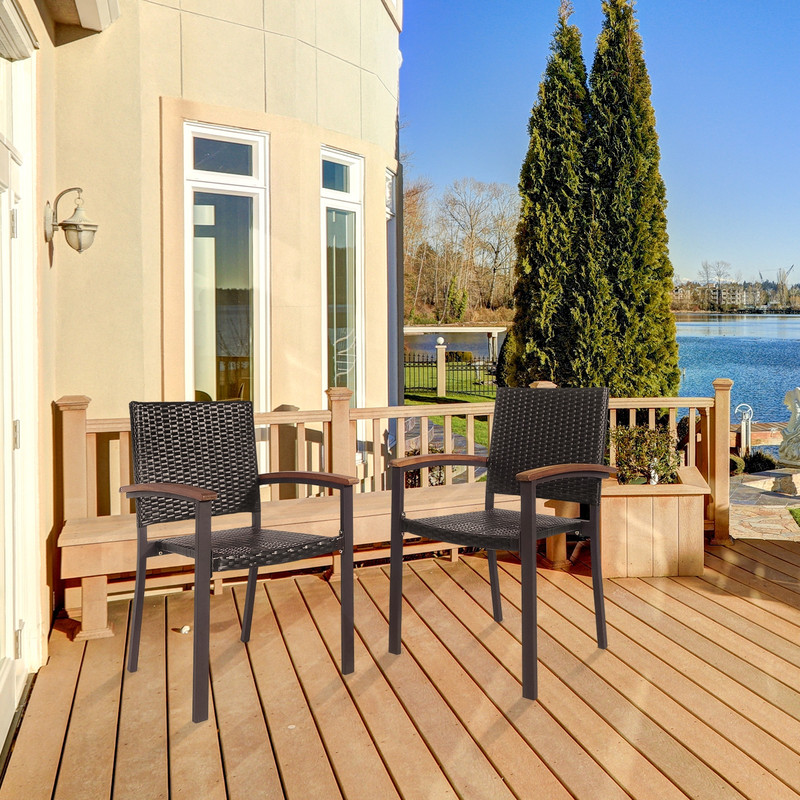 Set of 2 Outdoor Patio PE Rattan Dining Chairs, Stackable, Weather-Resistant Acacia Wood Frame