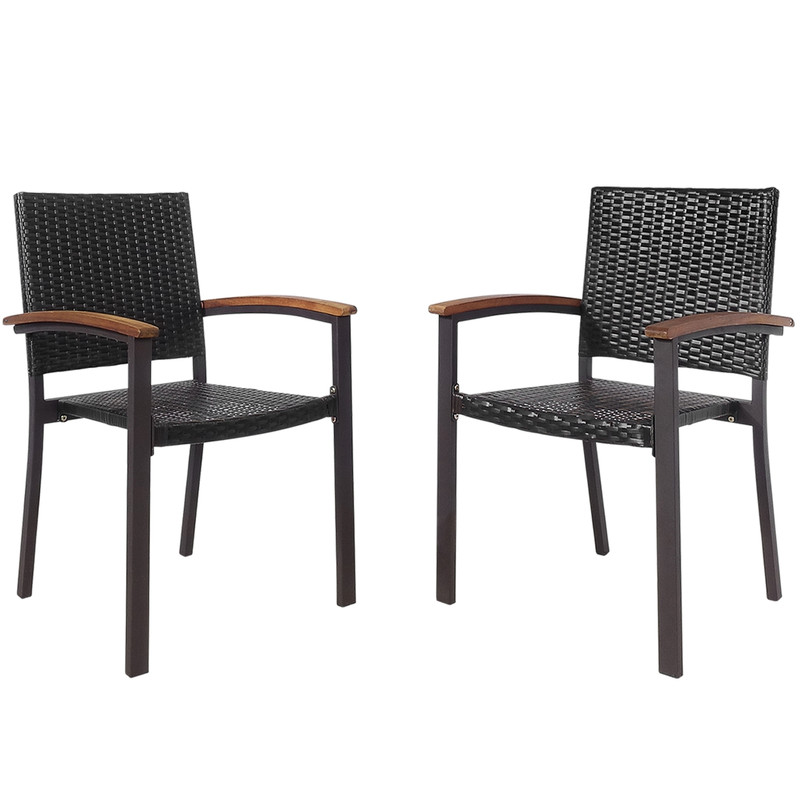 Set of 2 Outdoor Patio PE Rattan Dining Chairs, Stackable, Weather-Resistant Acacia Wood Frame