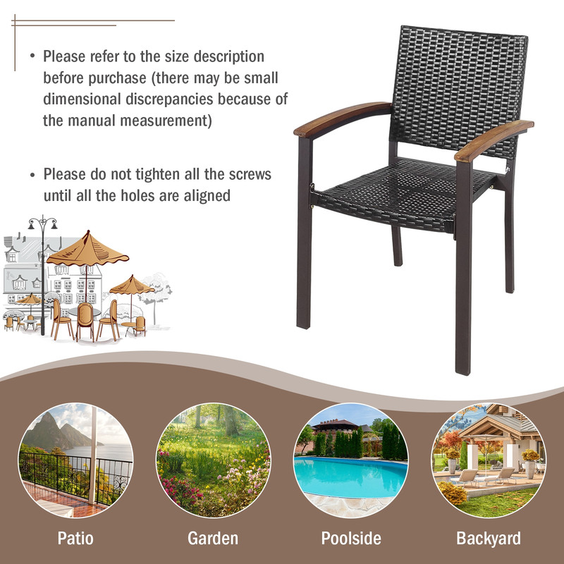 Set of 2 Outdoor Patio PE Rattan Dining Chairs, Stackable, Weather-Resistant Acacia Wood Frame