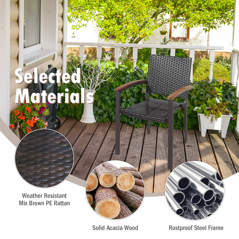 Set of 2 Outdoor Patio PE Rattan Dining Chairs, Stackable, Weather-Resistant Acacia Wood Frame