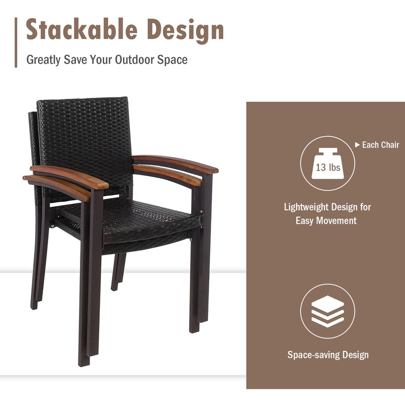 Set of 2 Outdoor Patio PE Rattan Dining Chairs, Stackable, Weather-Resistant Acacia Wood Frame