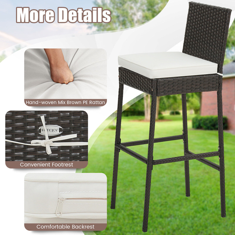 Set of 2/4 Patio Wicker Barstools with Seat Cushion & Footrest – Outdoor Bar Chairs for Backyard, Poolside