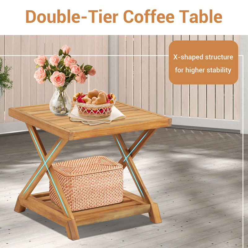 3-Piece Patio Wicker Furniture Set with 2-Tier Side Table & Cushioned Armchairs – Outdoor Acacia Wood Lounge Set