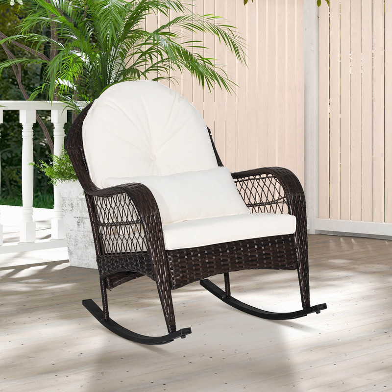 Patio Rattan Rocking Chair with Seat Back Cushions & Waist Pillow, Ergonomic Outdoor Rocker