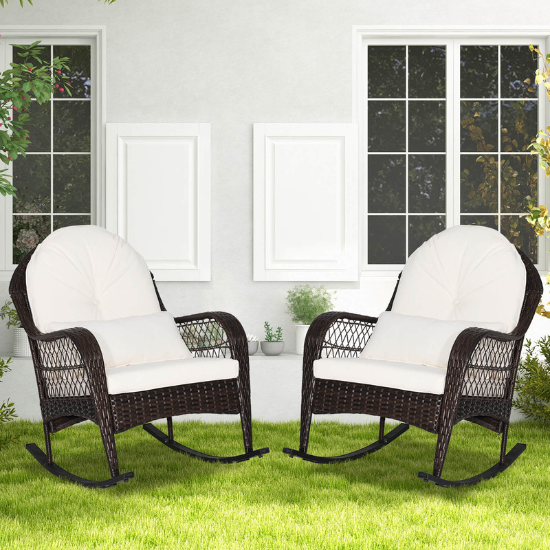 Patio Rattan Rocking Chair with Seat Back Cushions & Waist Pillow, Ergonomic Outdoor Rocker
