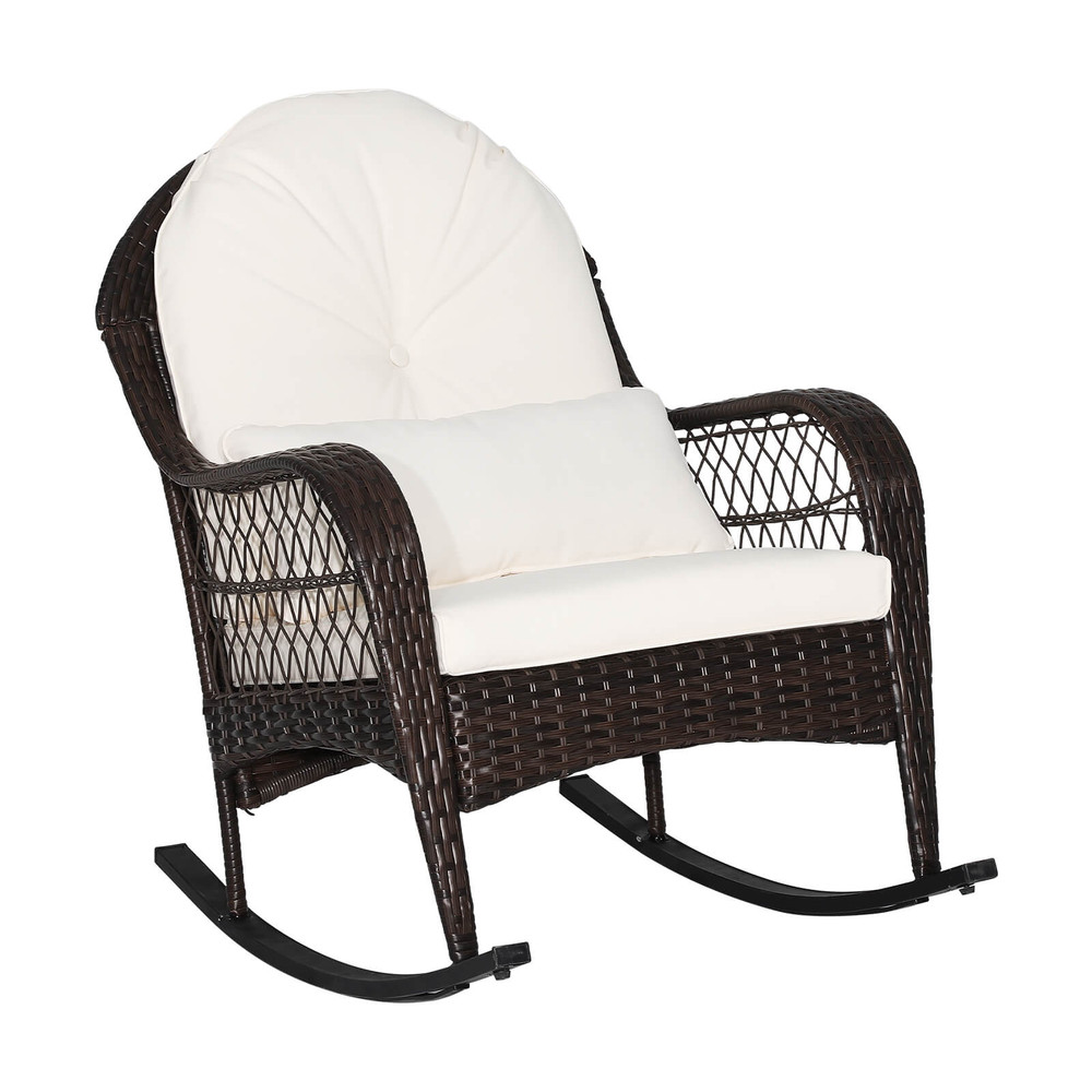 Patio Rattan Rocking Chair with Seat Back Cushions & Waist Pillow, Ergonomic Outdoor Rocker