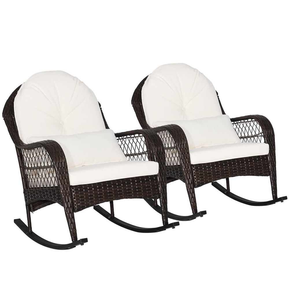 Patio Rattan Rocking Chair with Seat Back Cushions & Waist Pillow, Ergonomic Outdoor Rocker