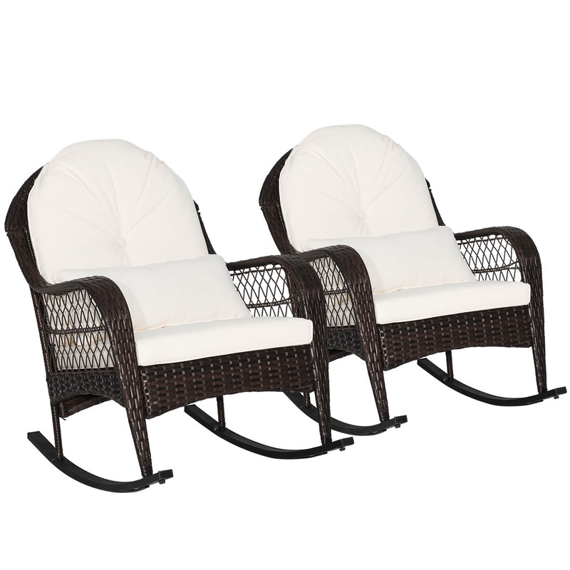 Patio Rattan Rocking Chair with Seat Back Cushions & Waist Pillow, Ergonomic Outdoor Rocker