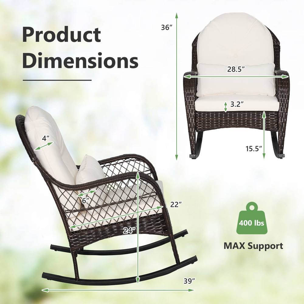 Patio Rattan Rocking Chair with Seat Back Cushions & Waist Pillow, Ergonomic Outdoor Rocker