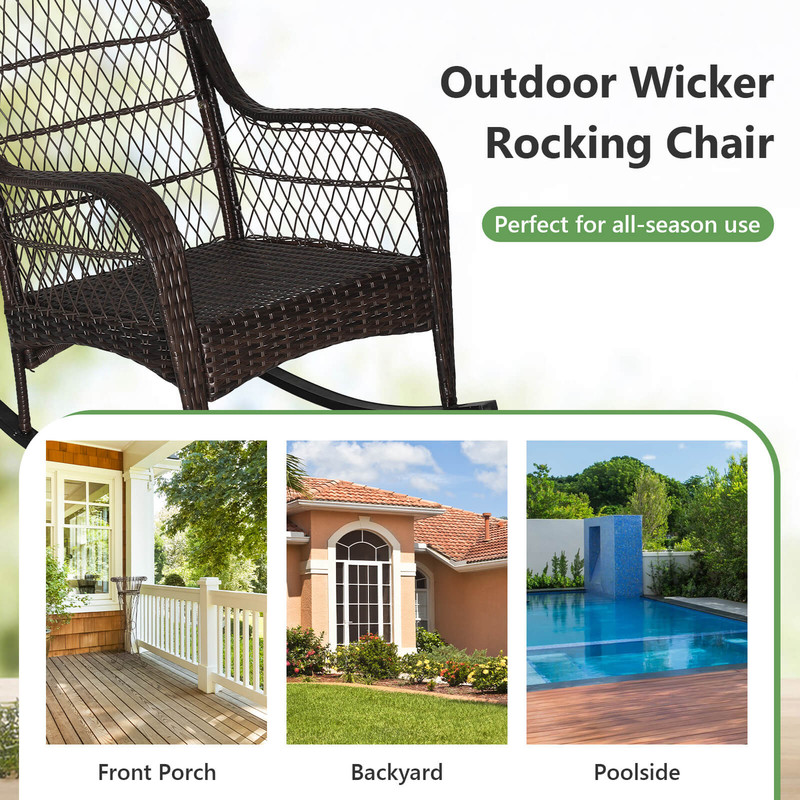 Patio Rattan Rocking Chair with Seat Back Cushions & Waist Pillow, Ergonomic Outdoor Rocker