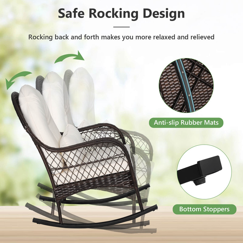 Patio Rattan Rocking Chair with Seat Back Cushions & Waist Pillow, Ergonomic Outdoor Rocker
