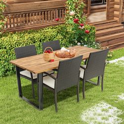 5-piece patio rattan dining set with umbrella hole & seat cushions – outdoor acacia wood table & pe wicker chairs