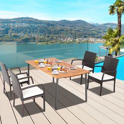 5-piece patio wicker cushioned dining set with umbrella hole – acacia wood table & rattan chairs