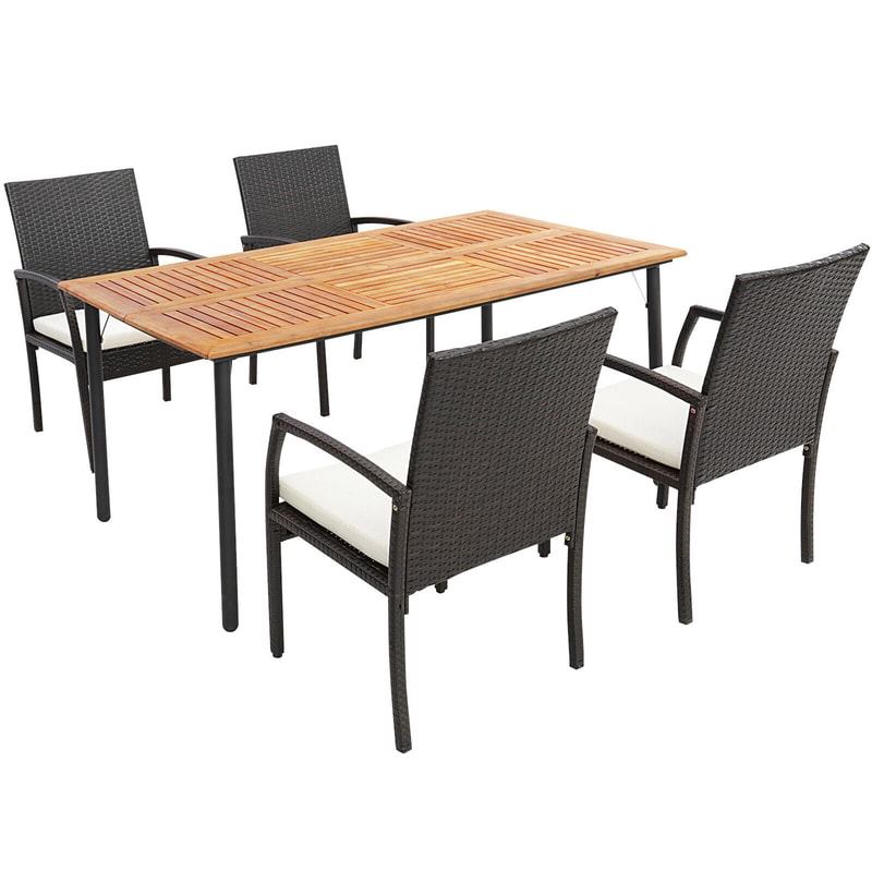 5-Piece Patio Wicker Cushioned Dining Set with Umbrella Hole – Acacia Wood Table & Rattan Chairs