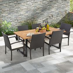 outdoor dining set 7 piece weather resistant rattan table & chairs with cushions,umbrella hole & heavy duty metal frame