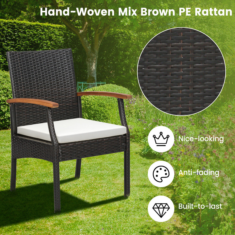 7 Piece Patio Wicker Cushioned Dining Set with Wood Armrest & Umbrella Hole Outdoor Rattan Bar Set for Backyard, Garden