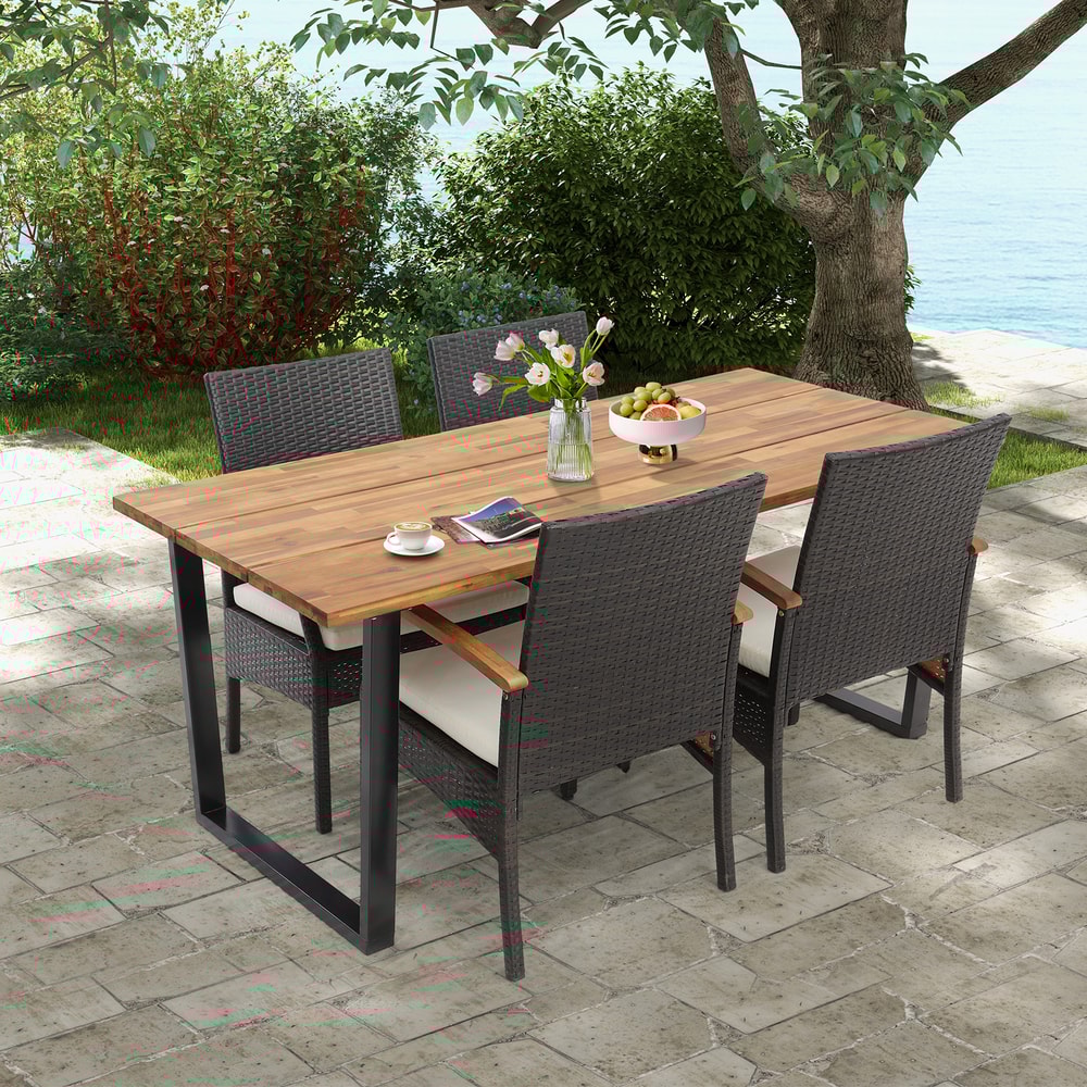 5 Piece Outdoor Dining Set Wicker Chairs with Acacia Wood Table & 2 Umbrella Hole Patio Furniture Set for Entertain