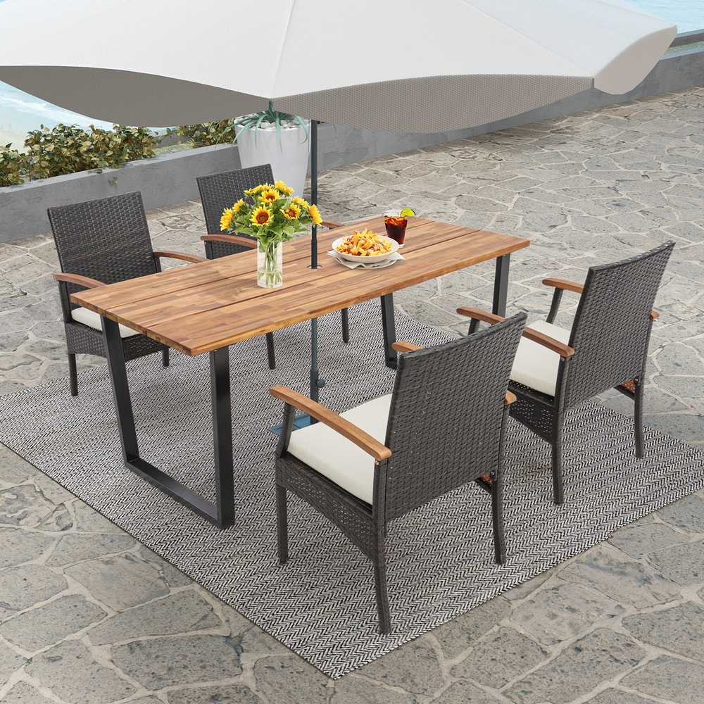 5 Piece Outdoor Dining Set Wicker Chairs with Acacia Wood Table & 2 Umbrella Hole Patio Furniture Set for Entertain