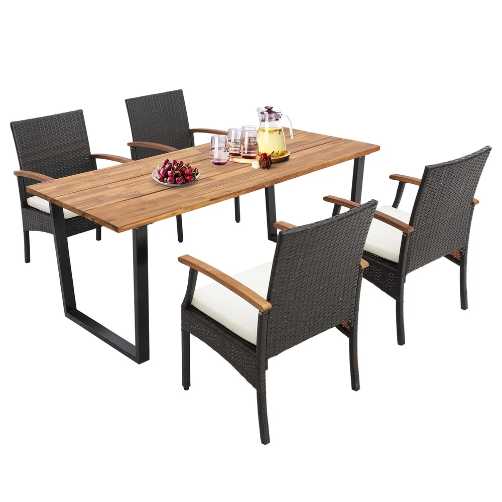 5 Piece Outdoor Dining Set Wicker Chairs with Acacia Wood Table & 2 Umbrella Hole Patio Furniture Set for Entertain
