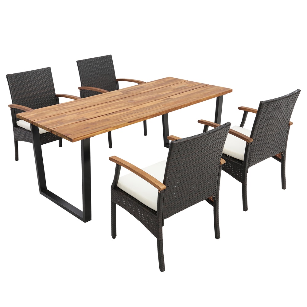 5 Piece Outdoor Dining Set Wicker Chairs with Acacia Wood Table & 2 Umbrella Hole Patio Furniture Set for Entertain