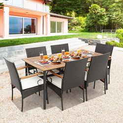 7 piece outdoor dining set, acacia wood table & pe rattan chairs with thick cushions, weather resistant patio furniture