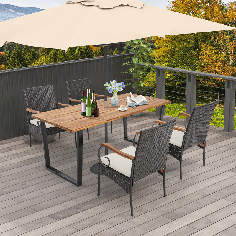 Outdoor Dining Set,Weather Resistant PE Rattan Chairs & Spacious Table with 2 Umbrella Hole Perfect for Gardens & Patios