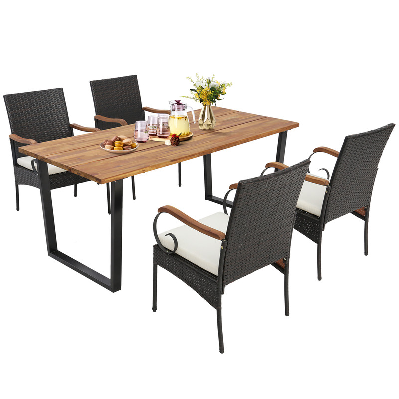 Outdoor Dining Set,Weather Resistant PE Rattan Chairs & Spacious Table with 2 Umbrella Hole Perfect for Gardens & Patios