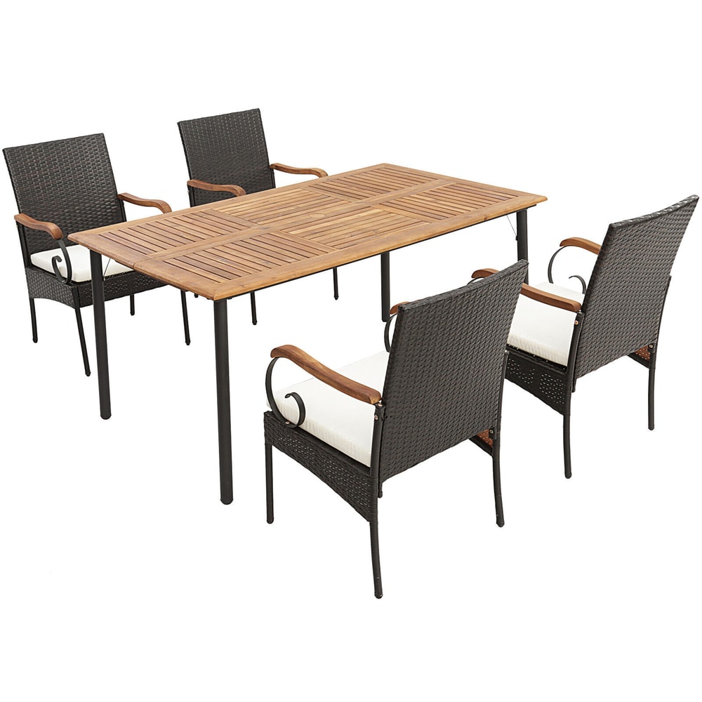 5 Piece Outdoor Dining Set Acacia Wood Table PE Rattan Chairs With Thick Cushions Weather Resistan 1