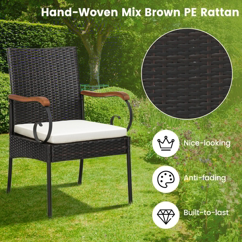 5 Piece Outdoor Dining Set Acacia Wood Table PE Rattan Chairs With Thick Cushions Weather Resistan 5