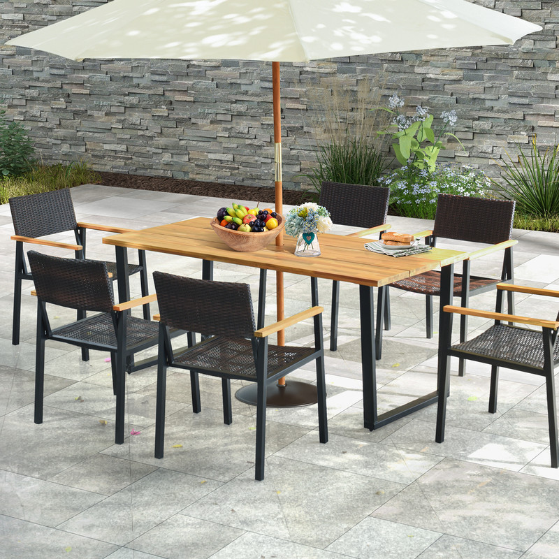 6 Person Acacia Wood Outdoor Dining Table with 2 Inch Umbrella Hole, Rustic Patio Table for Backyard & Garden