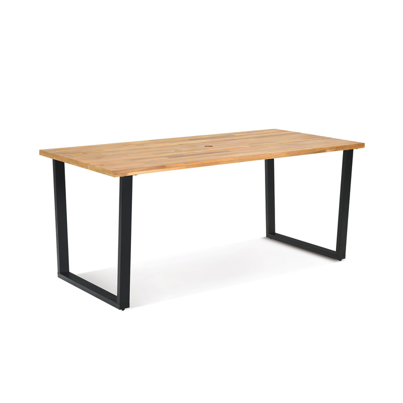 6 Person Acacia Wood Outdoor Dining Table with 2 Inch Umbrella Hole, Rustic Patio Table for Backyard & Garden