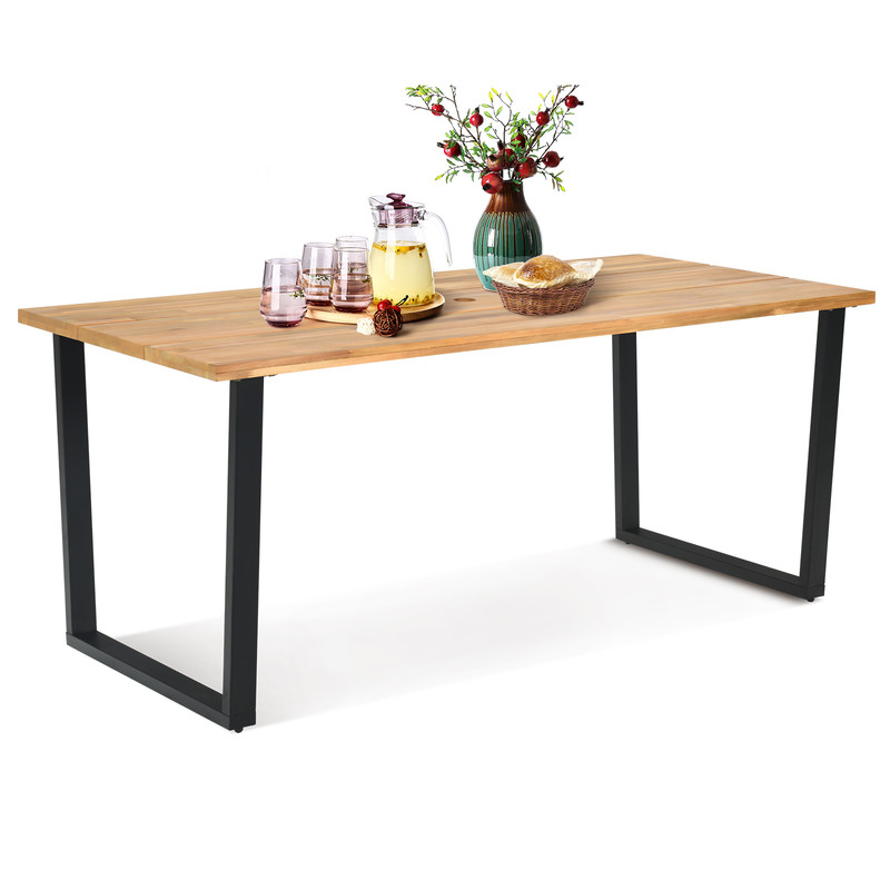 6 Person Acacia Wood Outdoor Dining Table with 2 Inch Umbrella Hole, Rustic Patio Table for Backyard & Garden