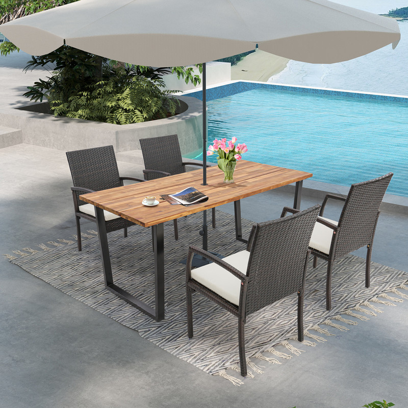 6 Person Acacia Wood Outdoor Dining Table with 2 Inch Umbrella Hole, Rustic Patio Table for Backyard & Garden