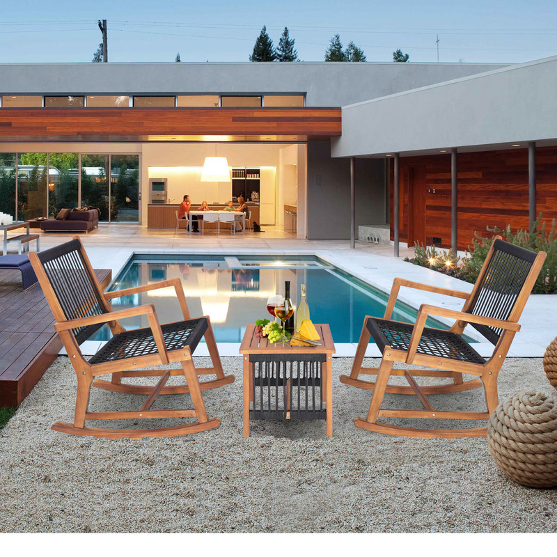 3-Piece Acacia Wood Rocking Bistro Set Outdoor Patio Rocking Chairs with Coffee Table