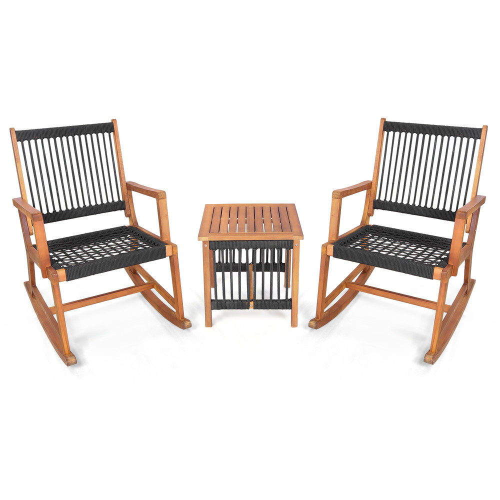 3-Piece Acacia Wood Rocking Bistro Set Outdoor Patio Rocking Chairs with Coffee Table