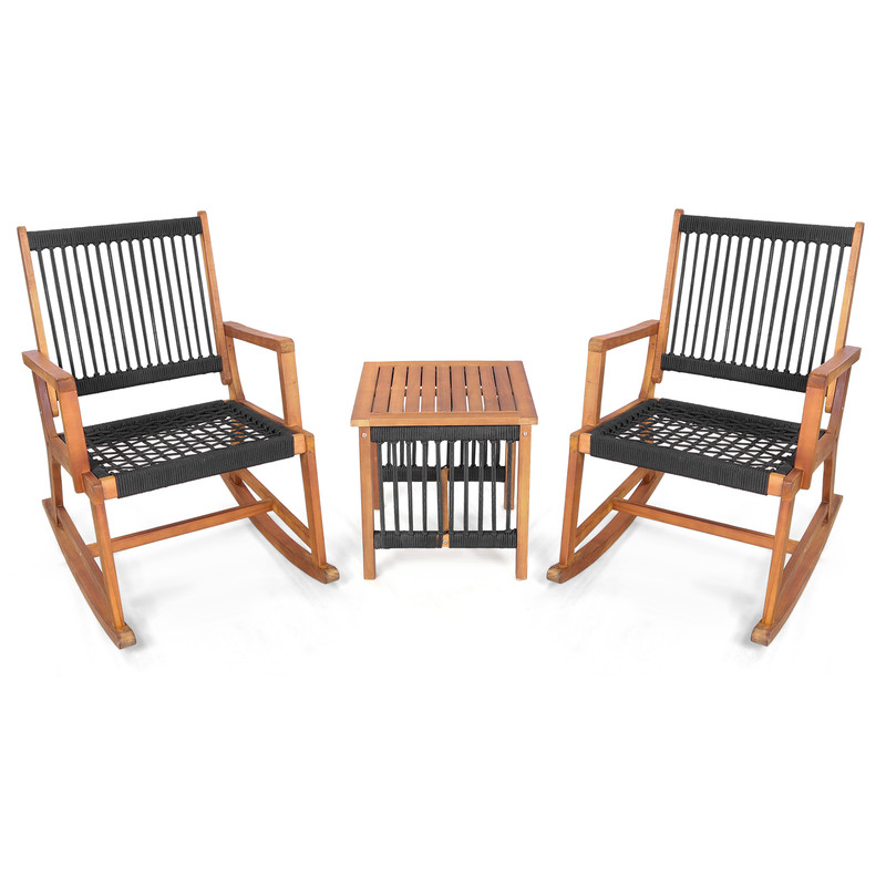 3-Piece Acacia Wood Rocking Bistro Set Outdoor Patio Rocking Chairs with Coffee Table