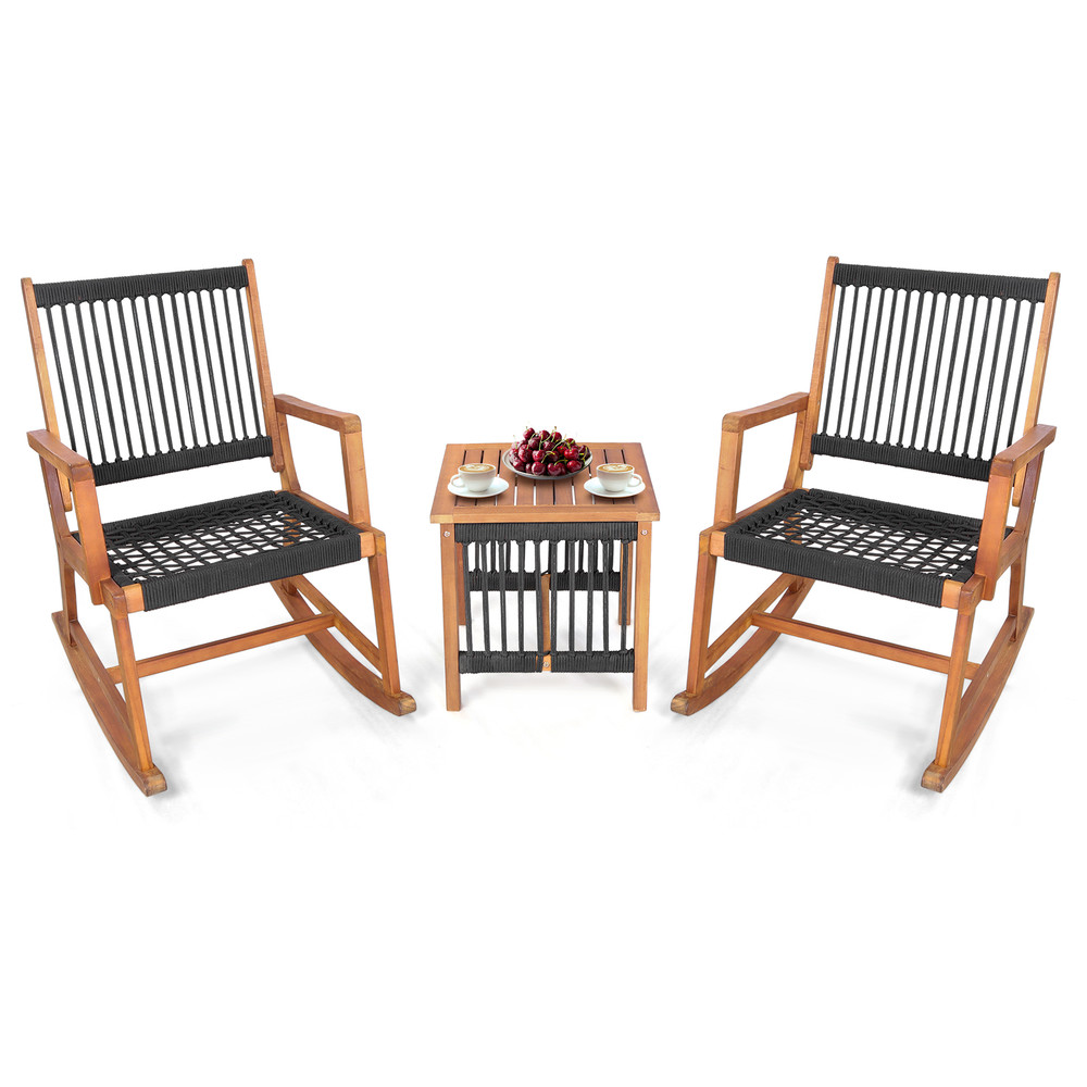 3-Piece Acacia Wood Rocking Bistro Set Outdoor Patio Rocking Chairs with Coffee Table