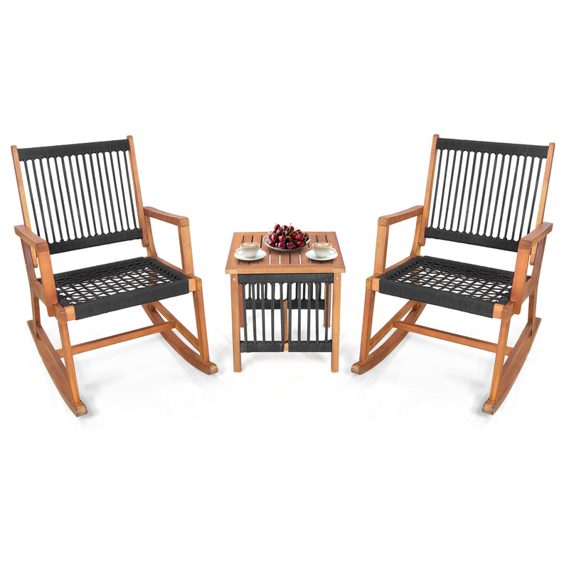 3-Piece Acacia Wood Rocking Bistro Set Outdoor Patio Rocking Chairs with Coffee Table
