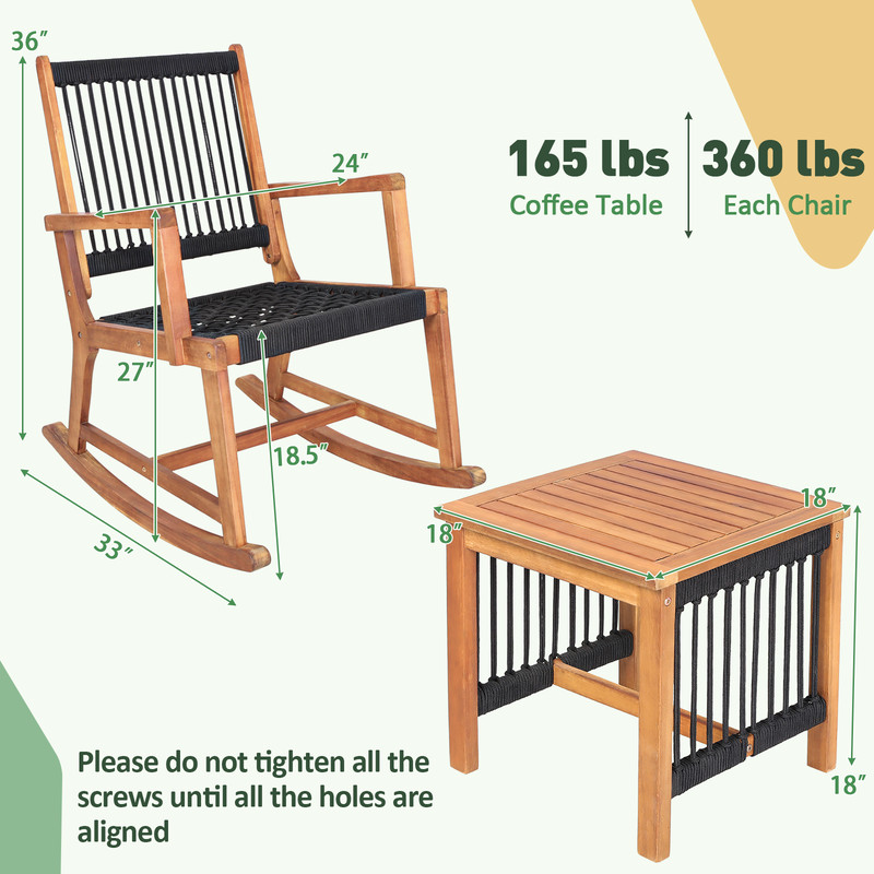 3-Piece Acacia Wood Rocking Bistro Set Outdoor Patio Rocking Chairs with Coffee Table