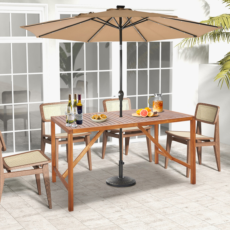 67 Inch Patio Rectangle Acacia Wood Dining Table with Umbrella Hole Sturdy & Elegant Outdoor Furniture