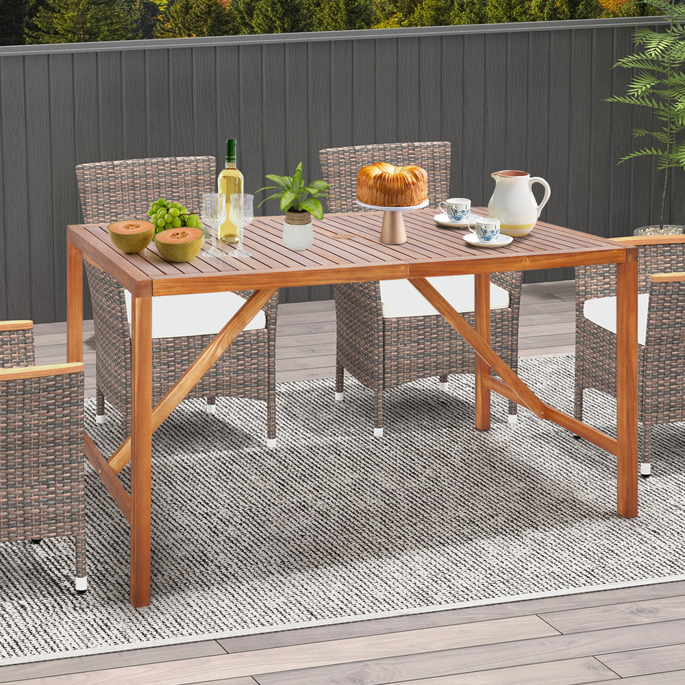 67 Inch Patio Rectangle Acacia Wood Dining Table with Umbrella Hole Sturdy & Elegant Outdoor Furniture