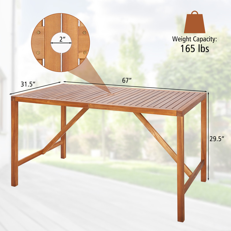 67 Inch Patio Rectangle Acacia Wood Dining Table with Umbrella Hole Sturdy & Elegant Outdoor Furniture