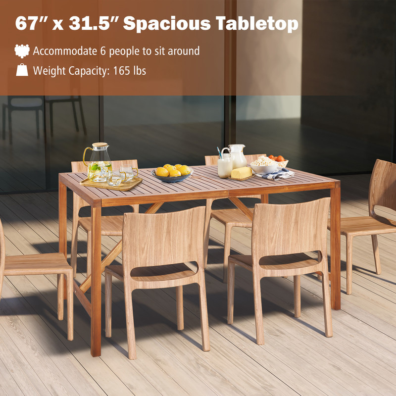 67 Inch Patio Rectangle Acacia Wood Dining Table with Umbrella Hole Sturdy & Elegant Outdoor Furniture