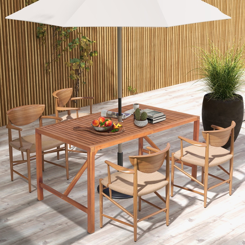 55 Inch Patio Rectangular Acacia Wood Dining Table with Umbrella Hole Sturdy Outdoor & Indoor Wooden Table