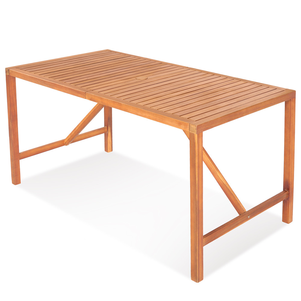 55 Inch Patio Rectangular Acacia Wood Dining Table with Umbrella Hole Sturdy Outdoor & Indoor Wooden Table