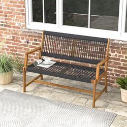 outdoor acacia wood bench with rope woven backrest & armrests sturdy 2 person seating for garden, patio & backyard