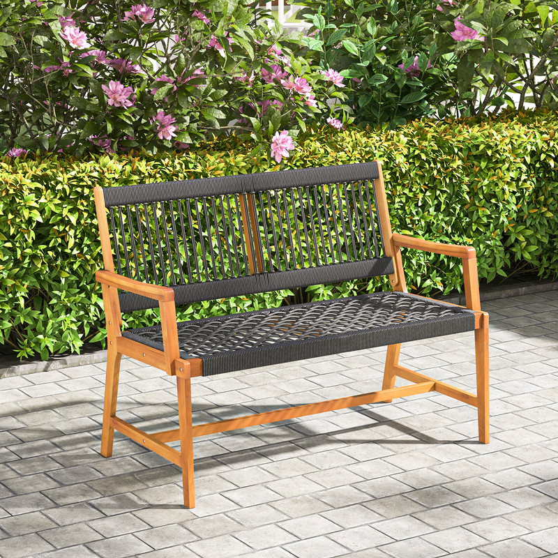 Outdoor Acacia Wood Bench with Rope Woven Backrest & Armrests Sturdy 2 Person Seating for Garden, Patio & Backyard