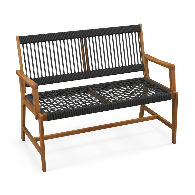 Outdoor Acacia Wood Bench with Rope Woven Backrest & Armrests Sturdy 2 Person Seating for Garden, Patio & Backyard