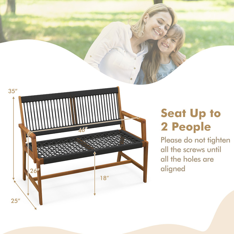 Outdoor Acacia Wood Bench with Rope Woven Backrest & Armrests Sturdy 2 Person Seating for Garden, Patio & Backyard